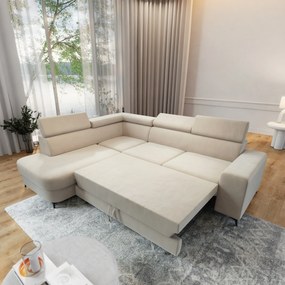 Masseno Narożnik ALVORO z funkcją spania i pojemnikiem na pościel Narozniki L, Rozkładana sofa - Kremowy, MATT VELVET 06