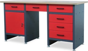 Szeroki stół warsztatowy z szafką i szufladami Frank antracytowo-czerwony