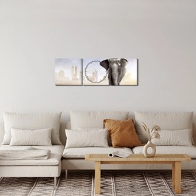 Obraz - Słonie w wielkim mieście (z zegarem) (90x30 cm)