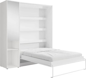 Łóżko chowane w szafie pionowe 160 x 200 cm - 1 kolumna do przechowywania - Z lustrem i oświetleniem LED - Białe - RAPILI
