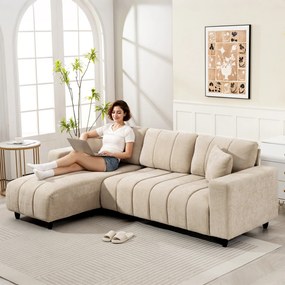 HOMCOM Narożnik w kształcie L z elastycznym szezlongiem, 3-osobowa sofa z 2 poduszkami, stalowy stelaż, do salonu, beżowy