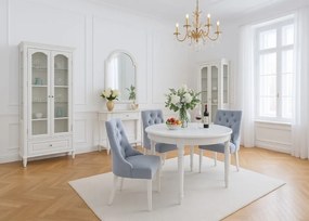 Elegancki stół jadalniany Flora średnica120 cm, wysokość 78 cm. Biały lakierowany, z delikatnymi sztukateriami i toczonymi nogami, ponadczasowa elegancja w Twojej jadalni.