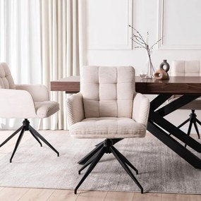 Zestaw Stół Prostokątny Rozkładany HAMPTON 160-240 cm Orzech/Czarny i 4 Krzesła Tapicerowane AKITA Sztruksowe Kremowe