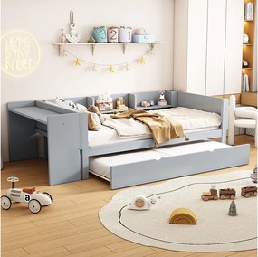 Łóżko wysuwane 90 x 200 cm – łóżko dziecięce z biurkiem i 3 półkami – otwarta przestrzeń do przechowywania – szare drewno