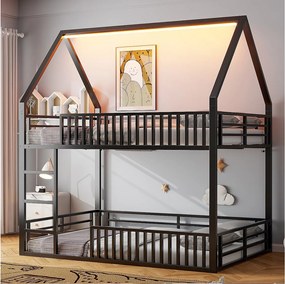 Łóżko piętrowe dla dzieci - 2 x 140 x 200 cm - z barierką + LED - Metalowe - czarne