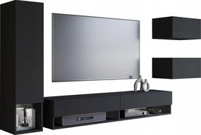 Nowoczesna meblościanka 4-elementowa – wiszący zestaw RTV 180 cm z słupkiem i szafkami, czarny grafit mat