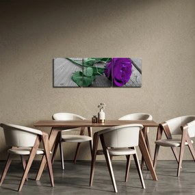 Obraz - Fioletowa róża z zieloną łodygą (z zegarem) (90x30 cm)