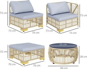 Outsunny Zestaw Mebli ogrodowych, 5-częściowy, z poduszkami do siedzenia, Syntetyczny rattan, rama ze stali nierdzewnej, Szary