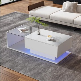 Stolik kawowy z dużą szufladą - 100x50x32 cm - diody LED - blat szklany - płyta wiórowa - połysk biały