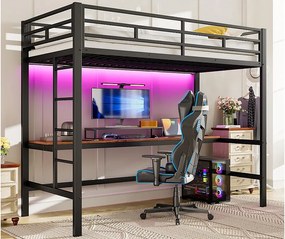 Łóżko mezzanine 90x200 cm - z barierkami - z drabiną - stół z USB i gniazdami - oświetlenie LED przewodowe - metal - czarny (materac nie jest w zestawie)