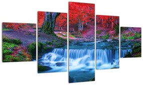 Obraz wodospadu w czerwonym lesie (125x70 cm)