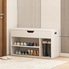 Biała szafka na buty z drewnianym siedziskiem i schowkiem 80 cm