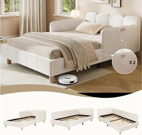 Tapicerowane łóżko dziecięce - 90 x 200 cm - z zagłówkiem i barierką zabezpieczającą - nogi z litego drewna - wykończenie kręcone - beżowe