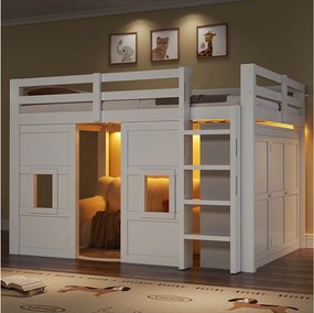 Łóżko piętrowe dla dzieci - 140 x 200 cm - z wbudowaną szafą + 2 okna + LED - MDF + drewno - białe