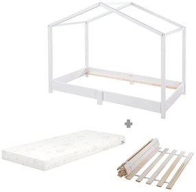 Białe łóżko dziecięce z litego drewna w kształcie domku z materacem/ze stelażem 70x140 cm – Roba