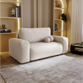 BESILIO Sofa rozkładana tapicerowana Ornello- okrągłe poduszki, sofa dwuosobowa, z funkcją spania, kanapa wolnostojąca, boucle - Beżowy