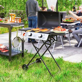 Outsunny Grill gazowy 5,6 KW z wózkiem wliczając 2 palniki ze stali nierdzewnej, składane boczne półki, kółka 101 x 50 x 102 cm Czarny