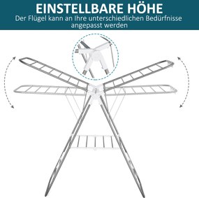 Składana suszarka do ubrań HOMCOM, przenośny suszarka na skrzydła, suszarka stojąca z teleskopowymi drążkami, stal nierdzewna, plastik, Srebrny, Biały, 60,5 x 148 x 98 cm