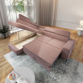 Masseno Narożnik ALVORO z funkcją spania i pojemnikiem na pościel Narozniki L, Rozkładana sofa - Pudrowy róż, MATT VELVET 61