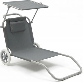 Leżak plażowy Solmare z daszkiem i kołami - składany leżak ogrodowy, ciemnoszary