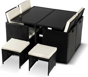 Zestaw Mebli Ogrodowych BONITO Czarny/Kremowy Fotele Pufy Stolik Technorattan Nowoczesny