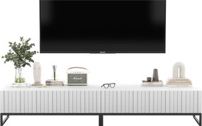 Szafka RTV z 2 drzwiami - korpus Biały mat, fronty ryflowane Biały mat - 220 cm, stelaż z czarnego metalu