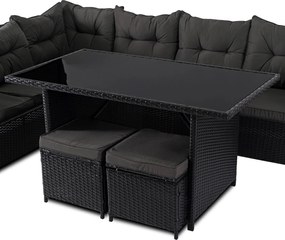 Zestaw mebli ogrodowych Dallas - narożnik, pufy i stół obiadowy, czarny/ciemnoszary