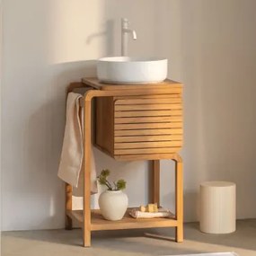 Zestaw Mebli Łazienkowych Z Drewna Tekowego Bradley Okrągły Ceramiczny Biały Ø40 Cm Lenka & Bezlusterkowiec & Biała ↑30 Cm Z Zaworem Spustowym Bez Prz