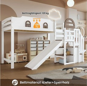 Łóżko mezzanine 90x200cm - z oknem - ze zjeżdżalnią - schody z poręczą - drewno lite + MDF - biały + brązowy