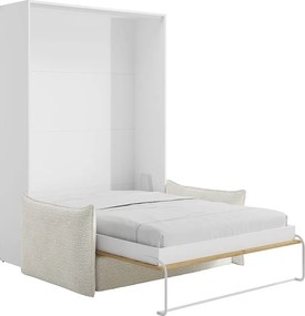 Łóżko chowane w szafie 160 x 200 cm - Ręczne otwieranie pionowe - Naturalny i biały + kanapa + Materac - BEGANIO