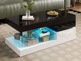 Stolik kawowy wysokiego połysku 90×45×35,5 cm - z oświetleniem LED - półka szklana - płyta wiórowa - czarny + biały