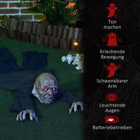 HOMCOM Dekoracja Halloween Zombie, LED Oczy, wydaje dźwięki i pełza, czujnik ruchu i dźwięku, zasilanie bateryjne, 159 cm