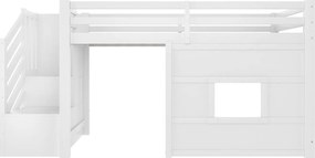 Łóżko na antresoli 90x200cm - z drabiną z pojemnikami i oknem - z LED - Barierka bezpieczeństwa - MDF - Biały​ (bez materaca)