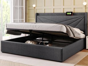 Łóżko 180x200cm z tkaniny lnianej - z portem USB i stelażem na listwy - Szare