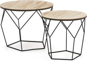 Zestaw dwóch niskich stołów kawowych Tokio, blaty z naturalnej okleinowanej drewna i metalowa konstrukcja.