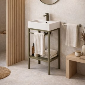 Zestaw umywalka z konglomeratu NAVI 50 x 45 cm + stojąca konsola NAVI Step | Różne kolory | Różne rozmiary : Kolor - Oliwkowy, Otwór na baterię - Bez otworów, Rozmiar - 70 x 45 cm