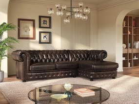 Kanapa narożna BRENTON w stylu Chesterfield, 100% skóry bawolej – kolor brązowy z kasztanowymi refleksami – Narożnik prawostronny