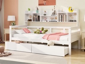 Kanapa łóżko 90x200 cm - z 2 szufladami i półkami - z litego drewna - Biały