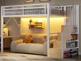 Łóżko na antresoli 90 x 200 cm - Konstrukcja stalowa - Oświetlenie LED - Drabina - Biały​ (materac nie jest wliczony w cenę)