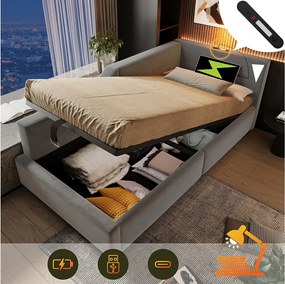 Łóżko ze schowkiem 90 x 200 cm, sofa rozkładana z lampką do czytania i gniazdem USB-C - Aksamit - Szary (bez materaca)