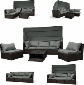 Wielofunkcyjny zestaw mebli ogrodowych - narożnik, leżanka z daszkiem Galicja 101 brąz, poduszki szare