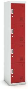 Szafka skrytkowa, 4 schowki, 1800 x 380 x 450 mm, demontaż, zamek cylindryczny, drzwi czerwone
