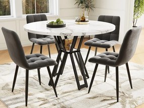 Okrągły stół z 4 krzesłami - Blat MDF, metalowa konstrukcja i aksamitne poduszki - Biały&Czarny