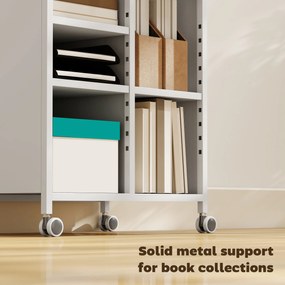 HOMCOM Regał na książki na kółkach, 4-poziomowy, regulowane półki i wiszące kosze do salonu i biura, biały | Aosom PL