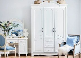 Susanne. Elegancka biała toaletka z ozdobnym lustrem, wymiary 120x45x163 cm. Ma pojemne szafki i szufladki. Kolekcja białych mebli Victoria.