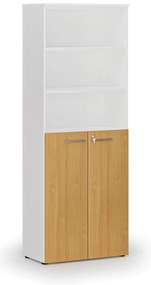 Szafa biurowa kombinowana PRIMA WHITE, drzwi na 3 poziomach, 800 x 420 x 2128 mm, biały/buk