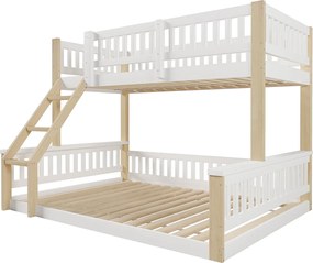 Łóżko piętrowe 90/140x200 cm, łóżko dziecięce z drabinką i barierką, stelaż z listew - białe i naturalne (bez materaca)
