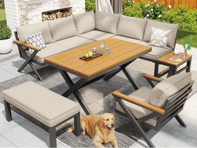 Salon ogrodowy, zestaw mebli na 6-7 osób - kanapa narożna - z żelaza ocynkowanego - stoły jadalniane z tworzywa drewnopodobnego - fotele - ławka, Beżowy