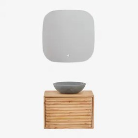 Zestaw Wiszących Mebli Łazienkowych Z Drewna Deleyna Naturalna & Okrągły Szary Cement Ø40 Cm Tarsis & Kwadratowa Lampa - Sklum