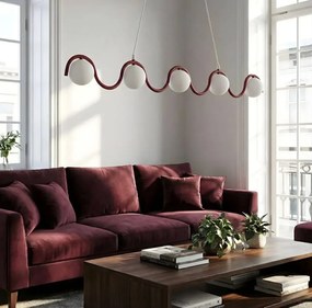 Długa lampa nad stół Sinus 5 Burgundy – 5 kloszy mlecznych, do jadalni, kuchni